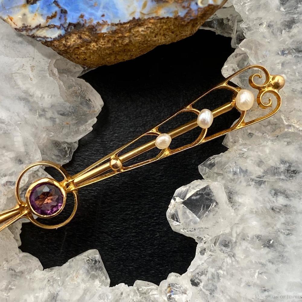 10K Yellow Gold Pearls and Amethyst Dainty Brooch For Women - Picture 4 of 9